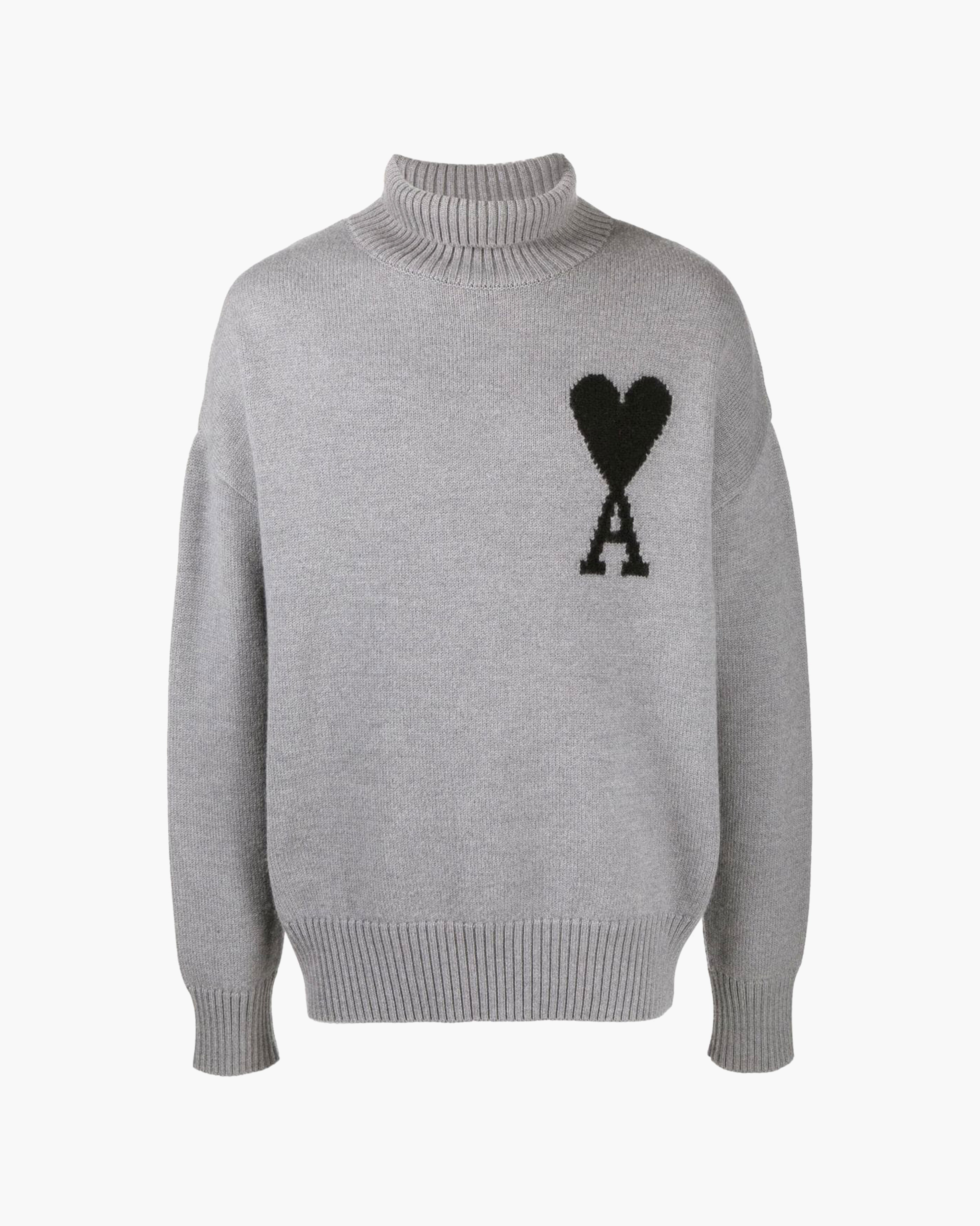 AMI PARIS GREY/BLACK DE COEUR MERINO WOOL CREWNECK JUMPER