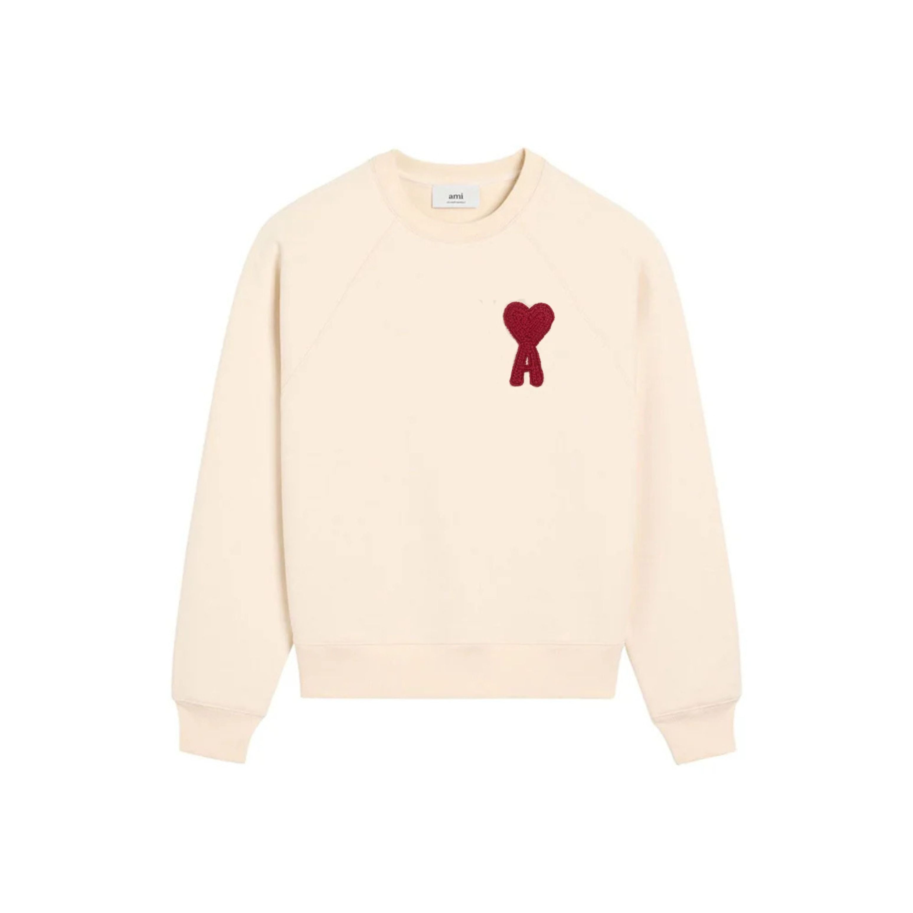 Ami Paris Pull Crewneck Beige Patch Ami de Coeur Rouge