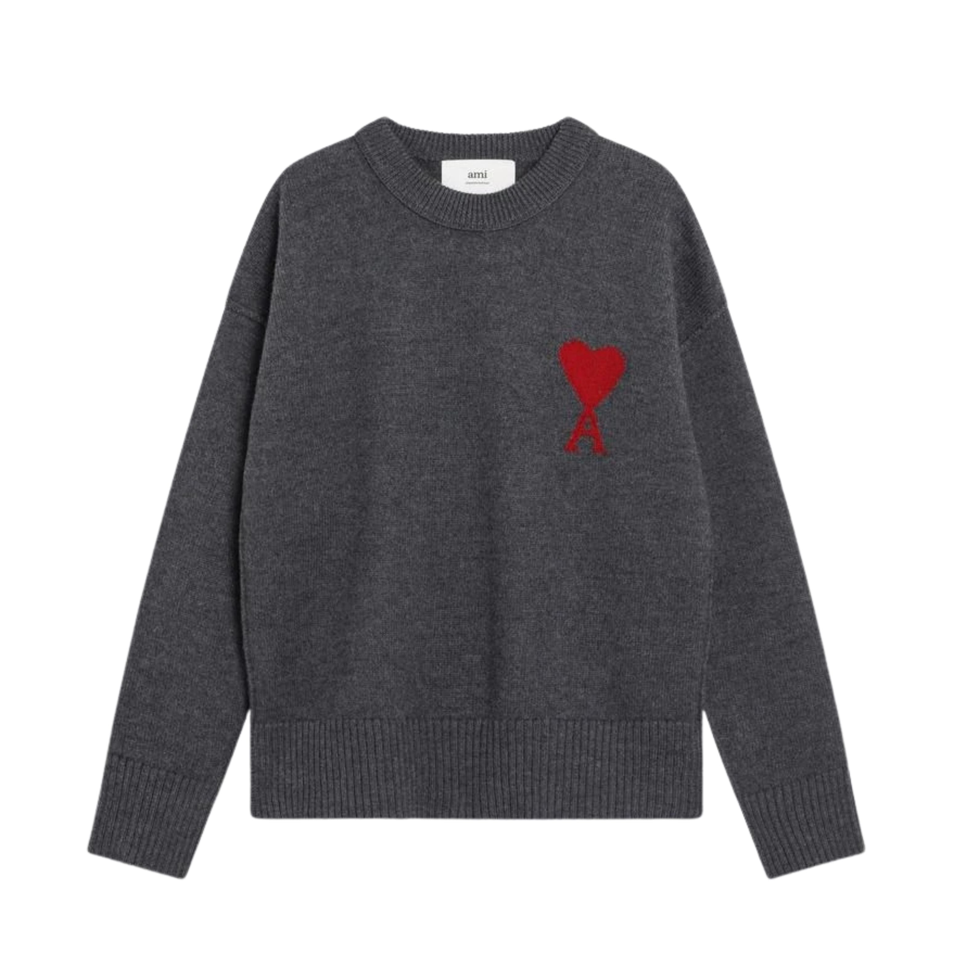 Ami Paris Pull Crewneck Gris Amin de Coeur Rouge