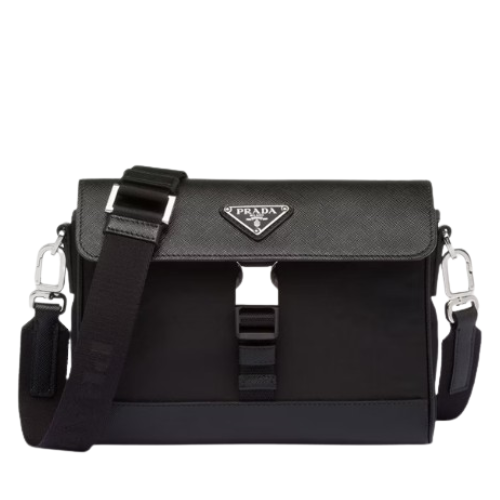 Prada Sac à bandoulière en nylon et cuir Saffiano noir